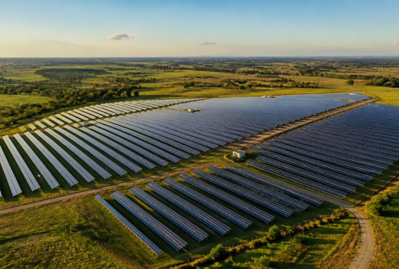 Vista aérea de uma usina solar com fileiras de placas fotovoltaicas